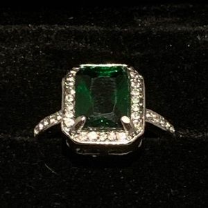 Emerald Green Tourmaline Ring with Signity Stones in Rhodium Plated 316 Steel